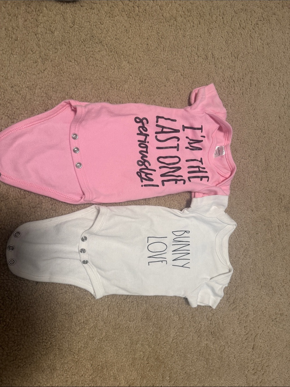 Pink "I’m the Last One Seriously!" Baby Bodysuit + White "Bunny Love" Bodysuit